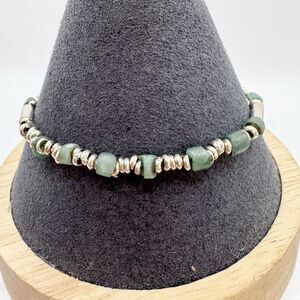 Vintage 950 Silver Nephrite Jade Stone Bead Bohemian Dainty Bracelet 5.7g 7”